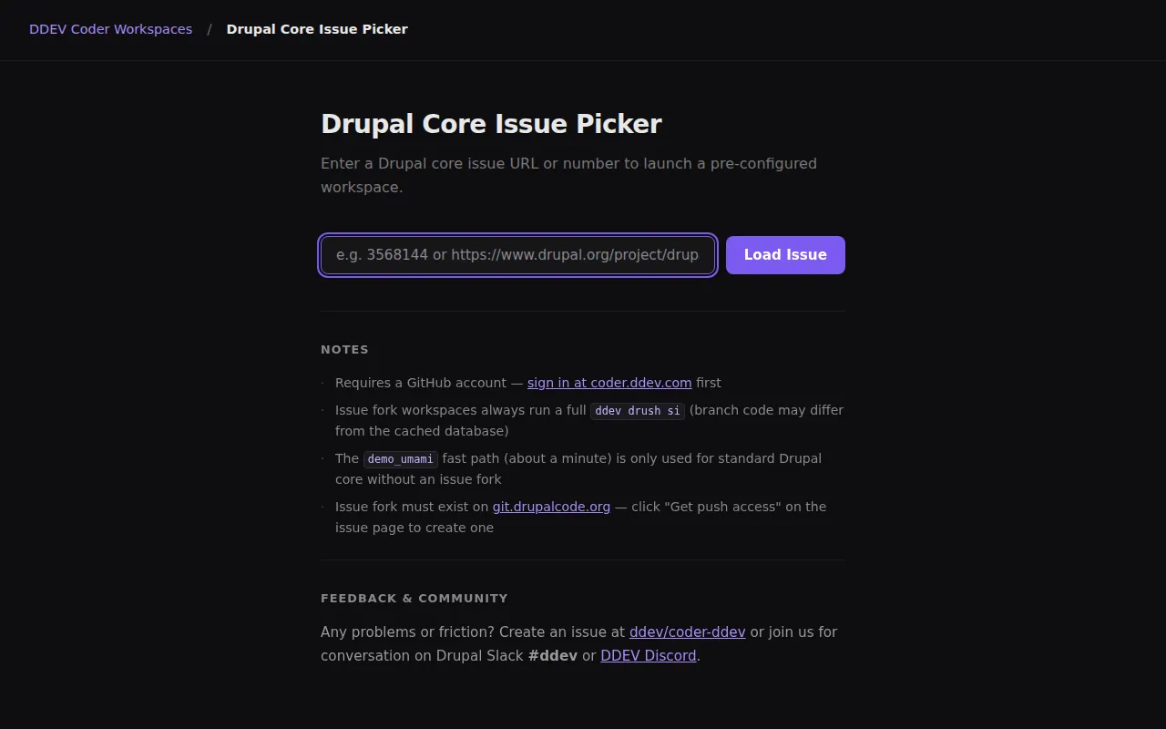Drupal Issue Picker — enter an issue URL or number to launch a pre-configured workspace